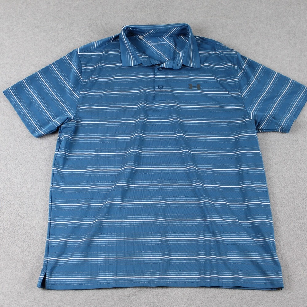 Under Armour Polo Shirt‎ Mens XL HeatGear Loose Golf Blue Striped Short Sleeve